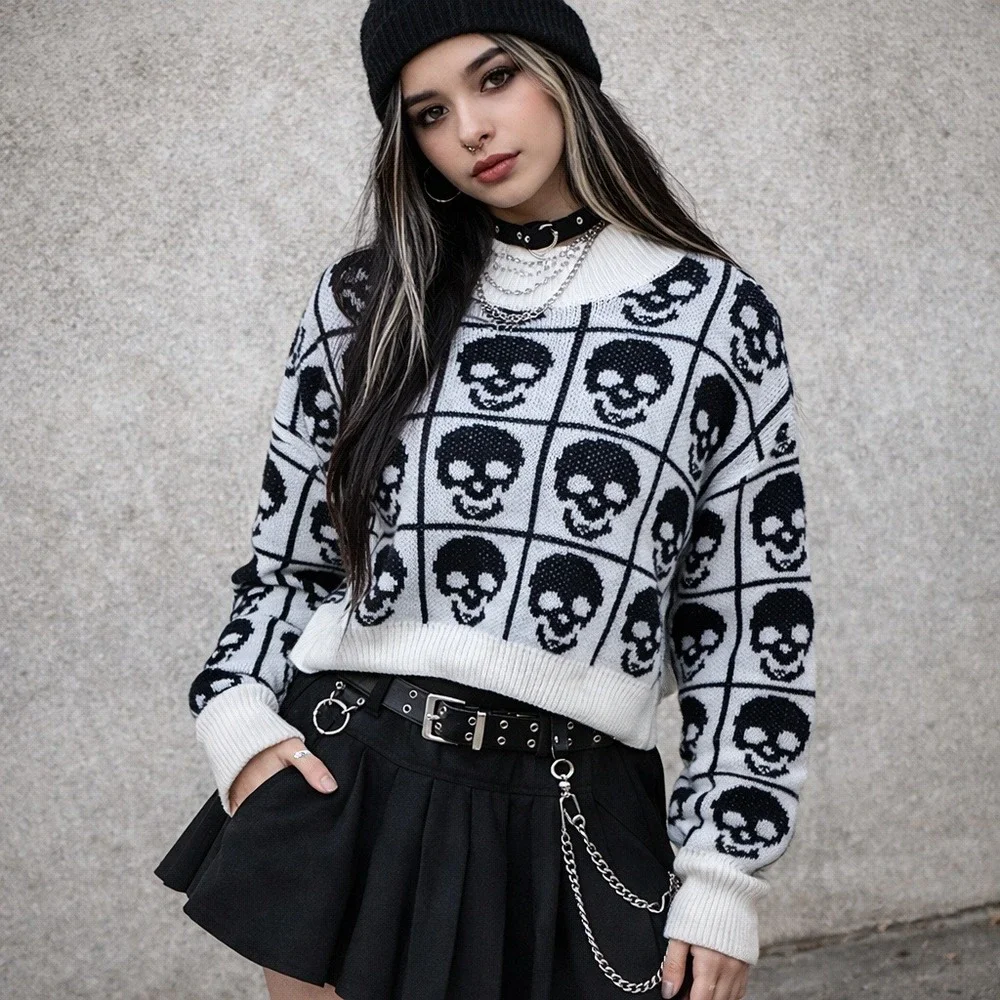 SHEIN‎ Sz L Skull Print Cropped Sweater Goth Whimsygoth Punk Streetwear